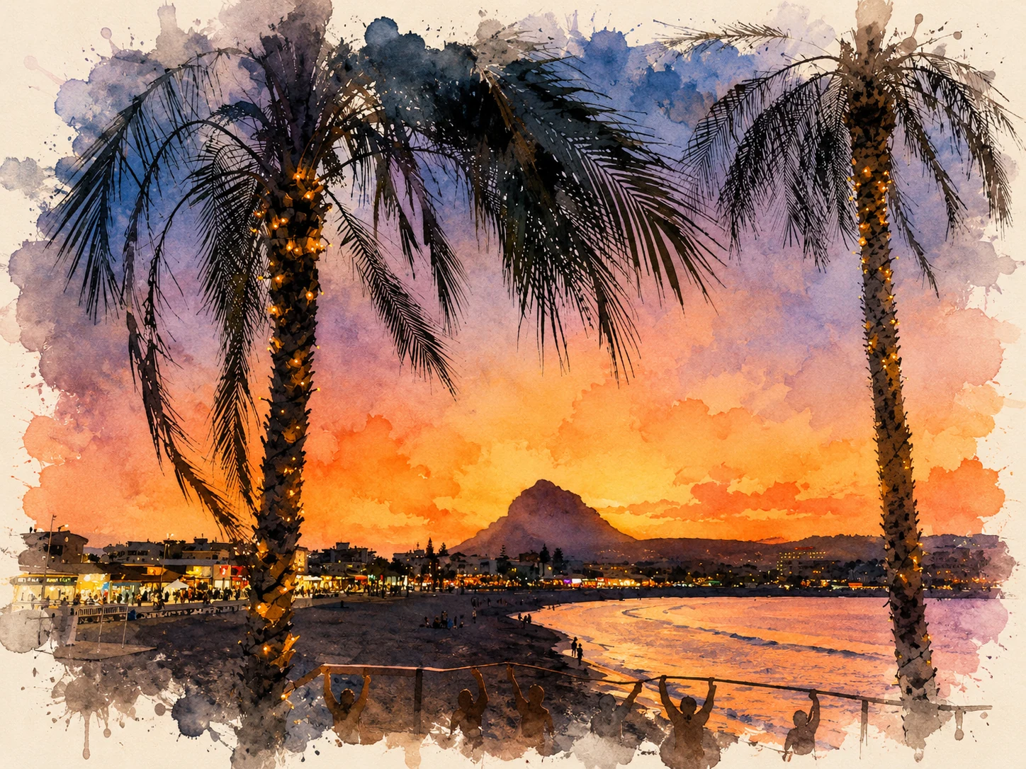 Arenal bei Sonnenuntergang als Aquarell