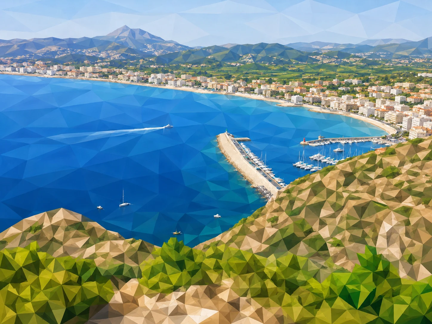 Bucht und Hafen in einer geometrischen Low-Poly-Ansicht