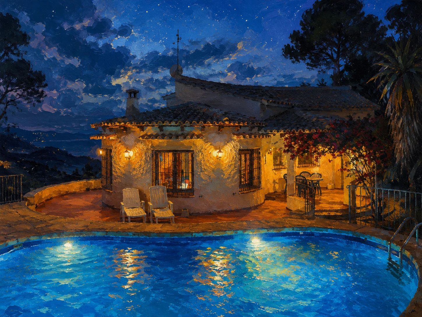 Unser Haus am Pool als malerische Nachtansicht