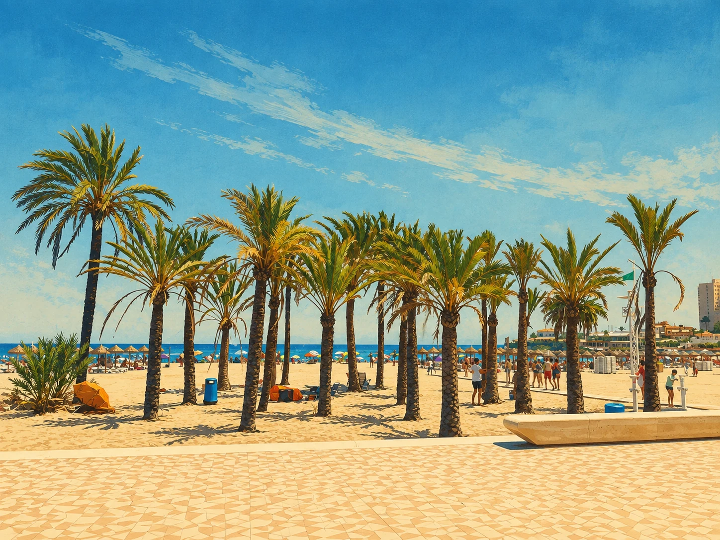 Palmenstrand in einer warmen mediterranen Illustration