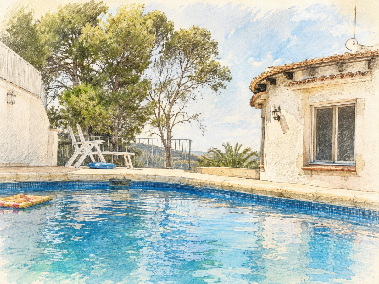 Poolterrasse als leichte Aquarellzeichnung