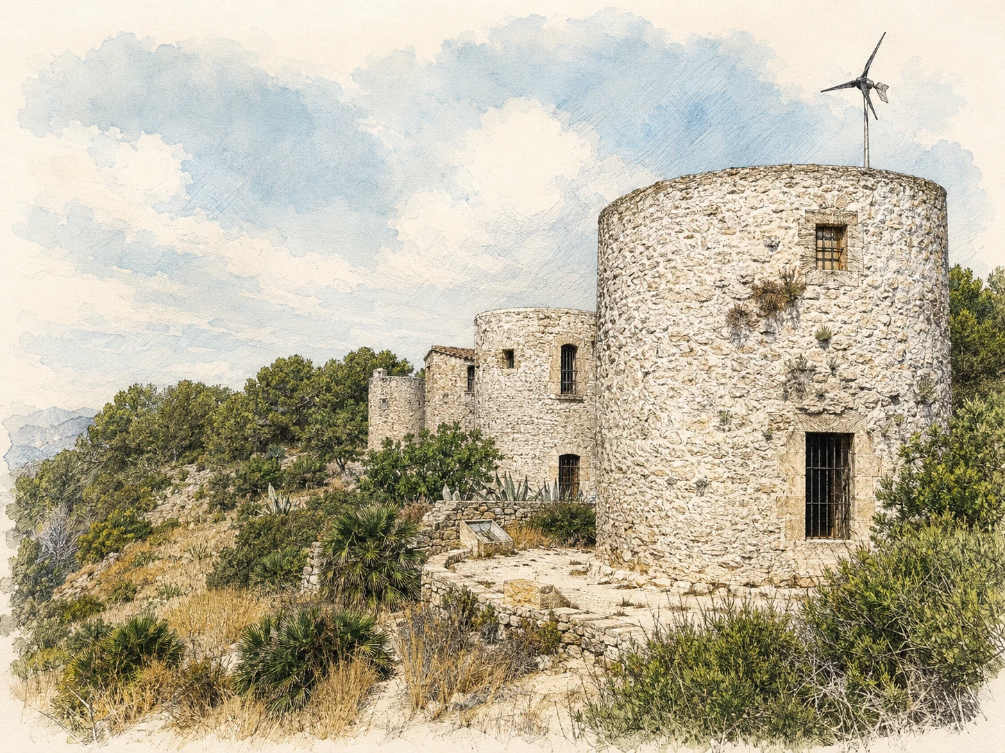 Mediterraner Turm als feine Aquarell- und Bleistiftzeichnung